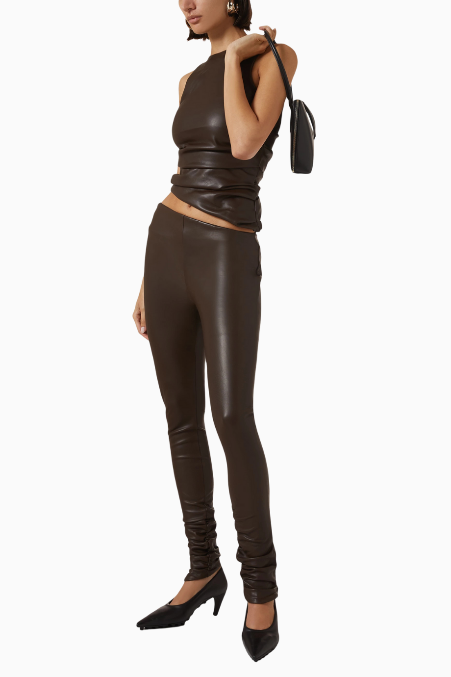 Clara Angled-Waist Leggings, Lüks Vegan Deri, Asimetrik Bel Tasarımı