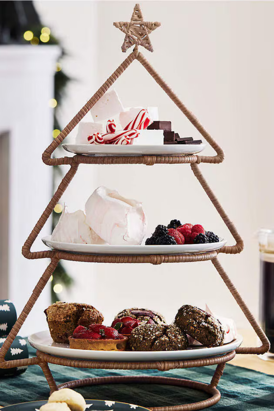 Wicker Tiered Tree Server Rattan Wrapped Stand 3 Katlı Sunumluk