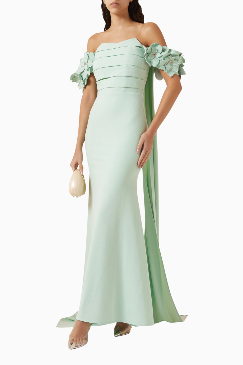 Off-shoulder Cape-style Çiçek İşlemeli Maxi Kadın Elbise