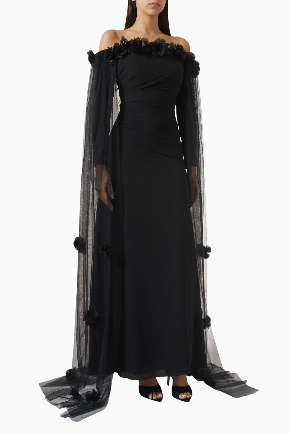 Off-Shoulder Cape Detaylı Siyah Maxi Kadın Elbise