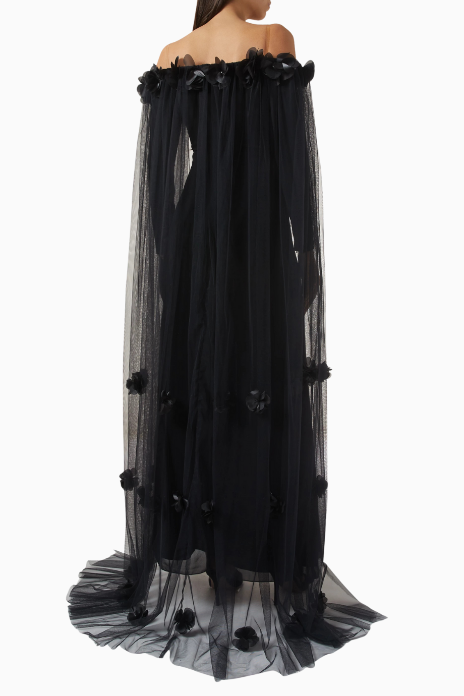 Off-Shoulder Cape Detaylı Siyah Maxi Kadın Elbise