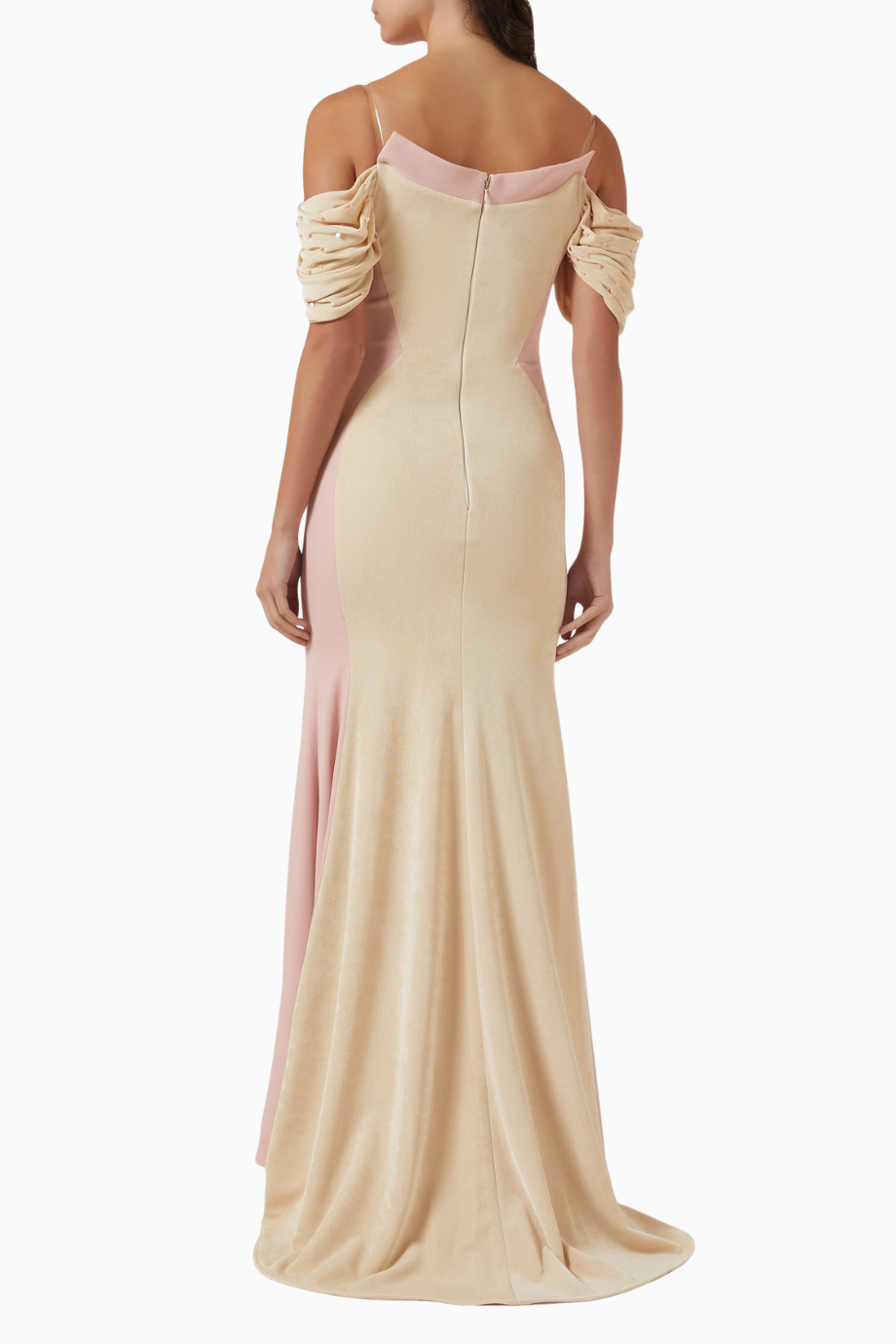 Off-shoulder Two-tone Ekru Omuz Dekolteli Maxi Kadın Elbise