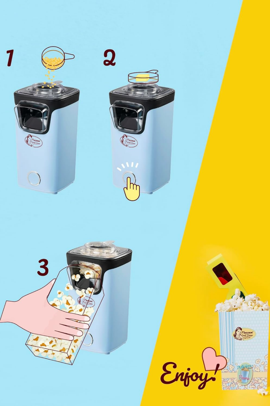 Retro Popcorn Maker Turbo Mısır Patlatma Makinesi 60 g Kapasite, 2 Dakikada Hazır