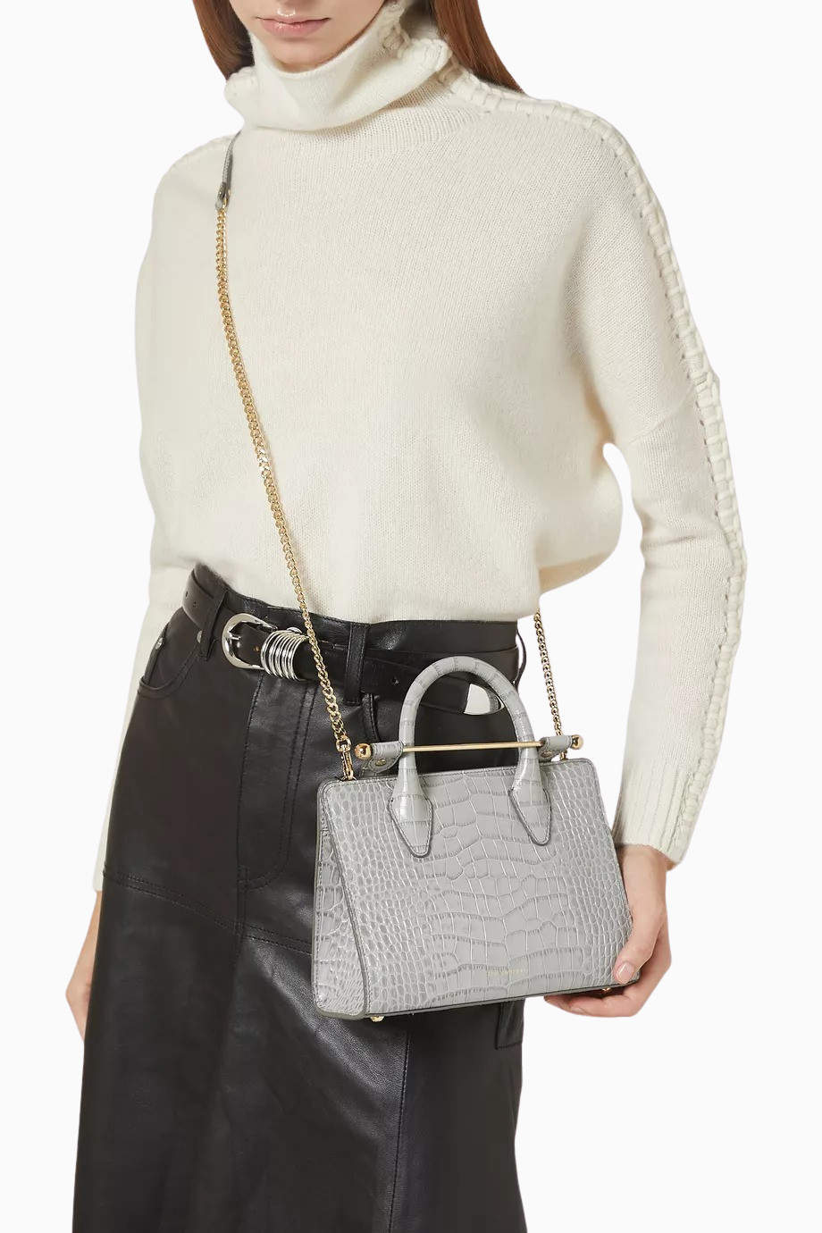 Mini Tote Gri Croc Deri Top Handle, Lüks El ve Omuz Çantası