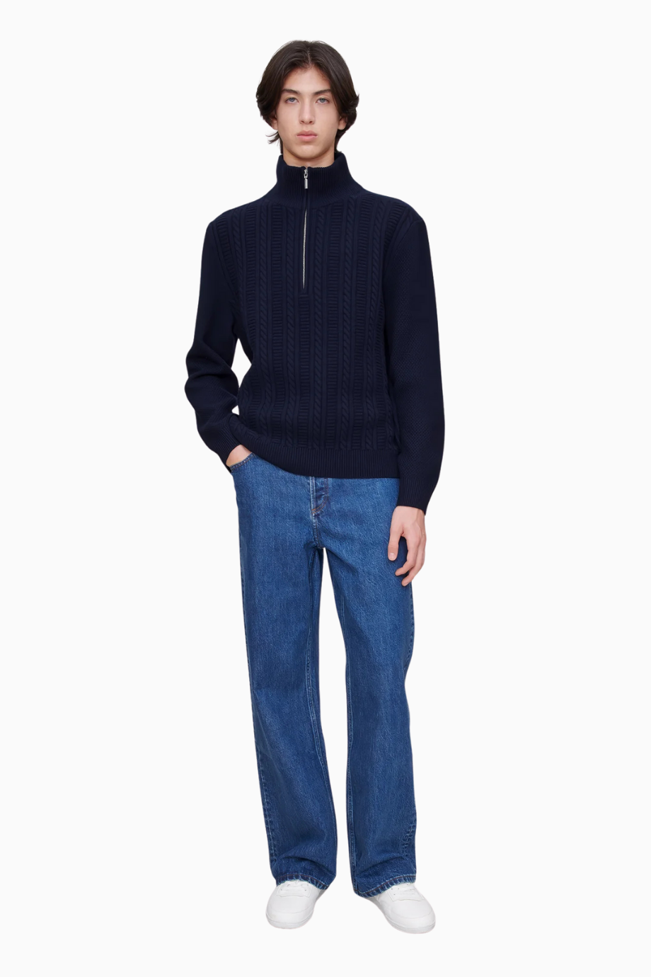 Theo Jumper Yüksek Yakalı, Örgü Detaylı %100 Yün Erkek Kazak