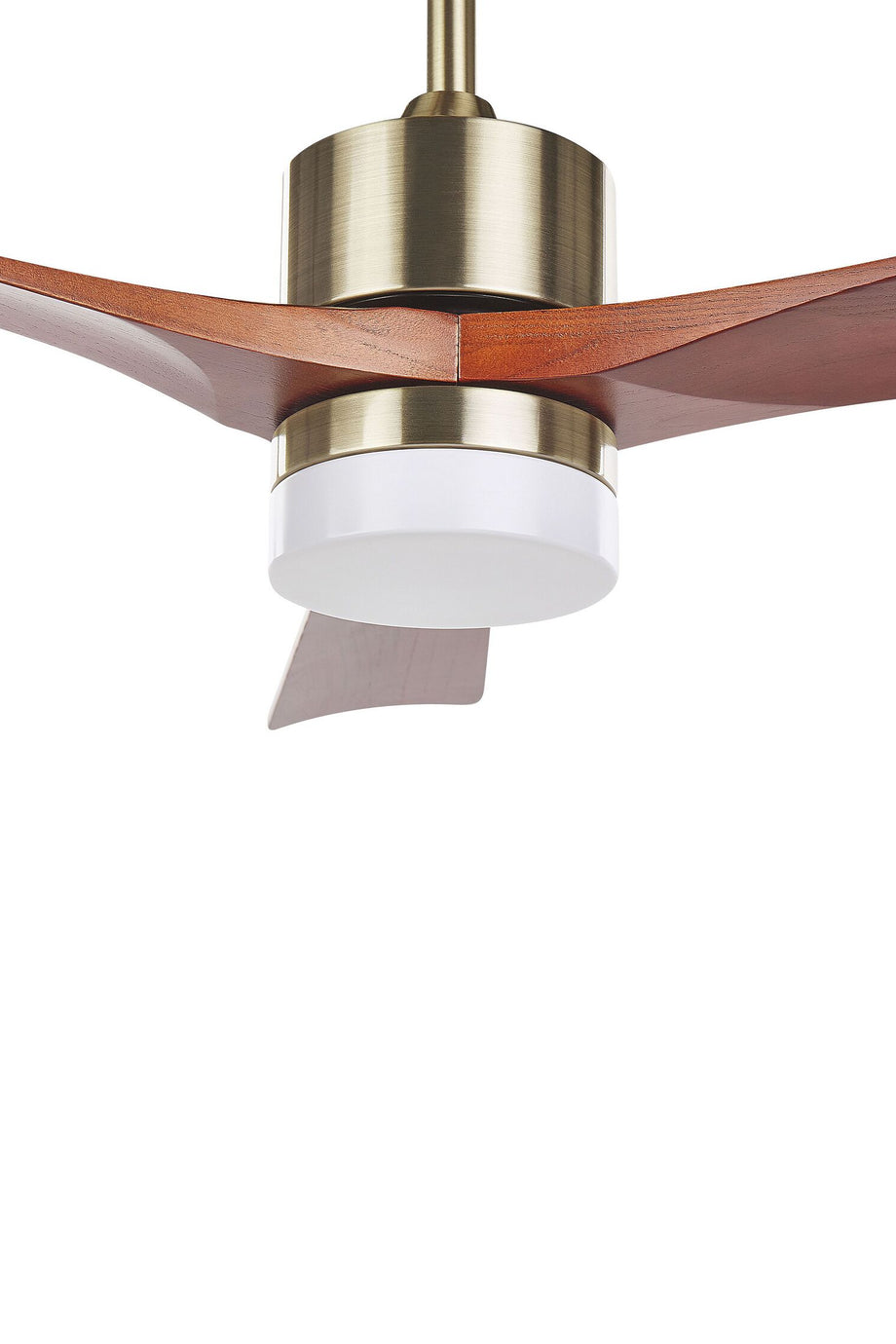 Pirinç Gövde ve Koyu Ahşap Kanatlı LED Işıklı Tavan Vantilatörü