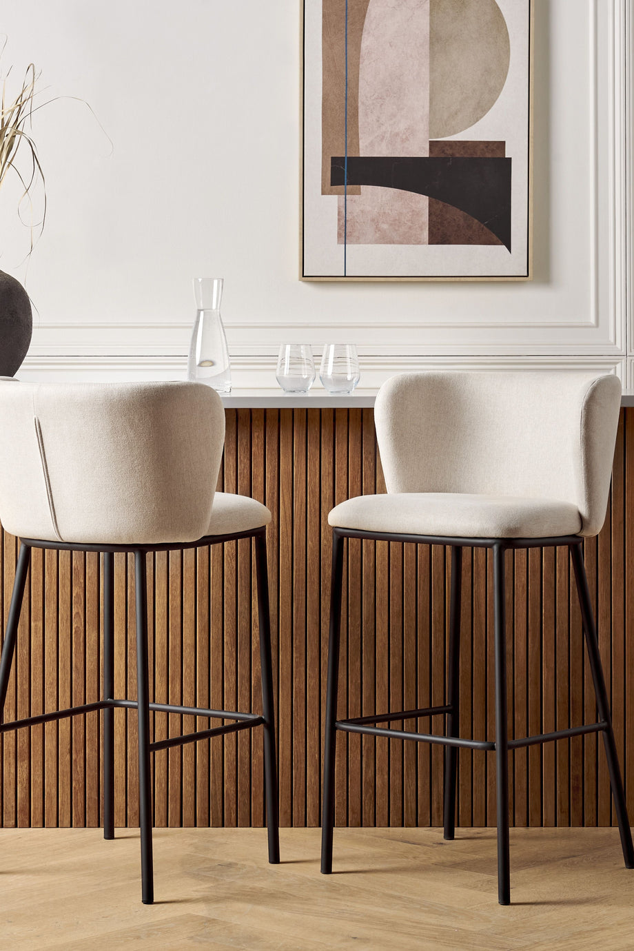 MINA 2’li Beyaz Boucle Kumaş Bar Sandalyesi Seti