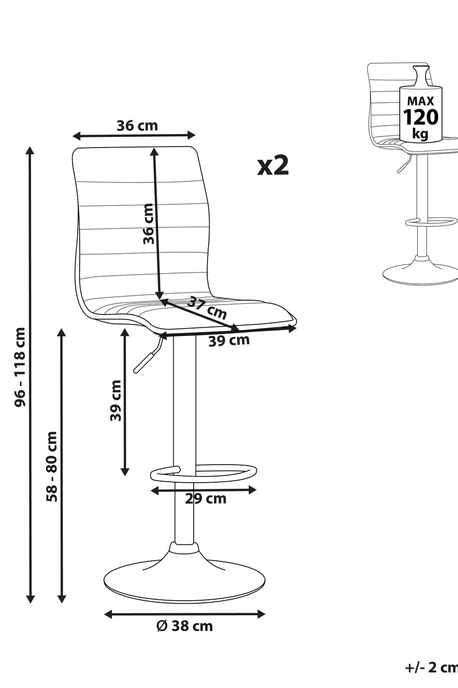 2’li Bar Sandalyesi Seti, Suni Deri, Döner ve Yüksekliği Ayarlanabilir