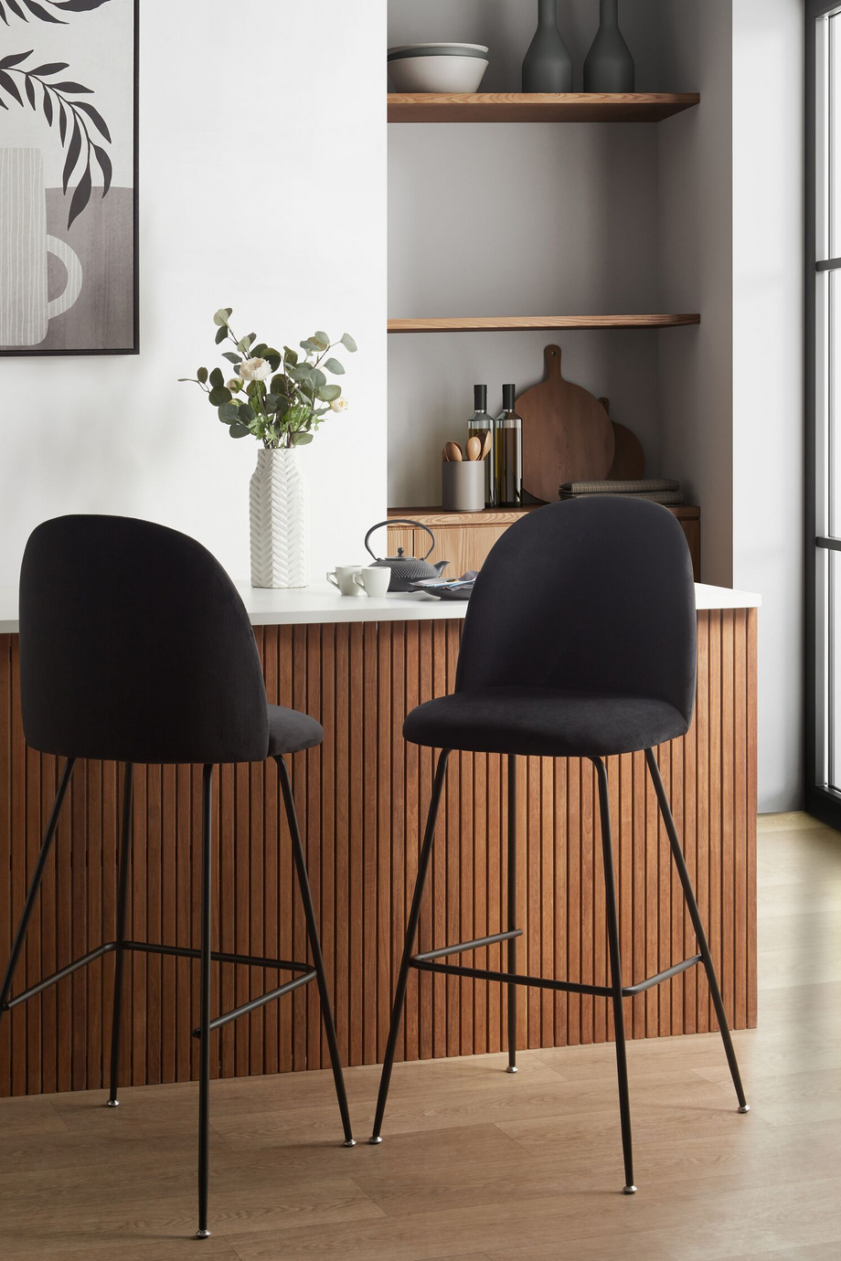 Siyah Kadife 2'li Bar Sandalyesi Seti, 79 cm Yükseklik, Şık ve Konforlu Tasarım