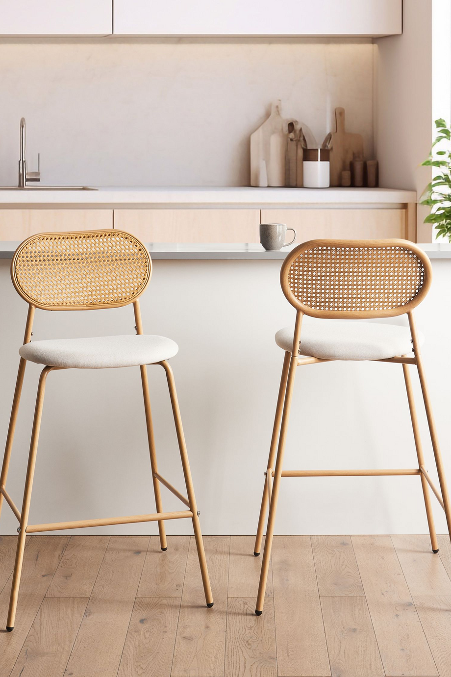 ADAVER 2'li Rattan Bar Sandalyesi Seti, 72 cm, Retro Stil, Açık Ahşap Görünümlü Tasarım