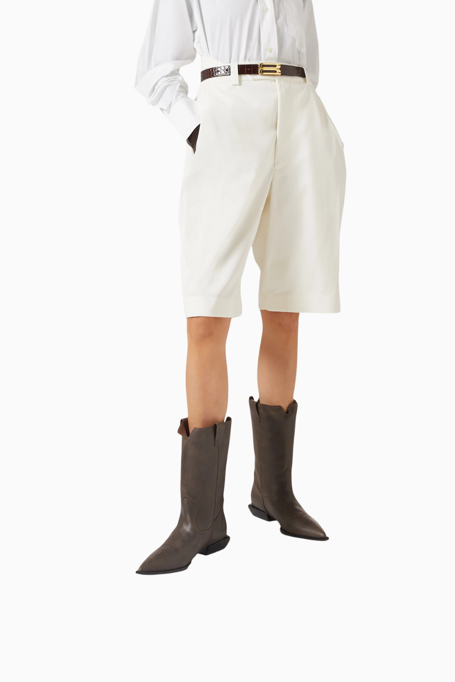 Western Kahverengi Deri, Blok Topuklu İşlemeli Modern Western Bot