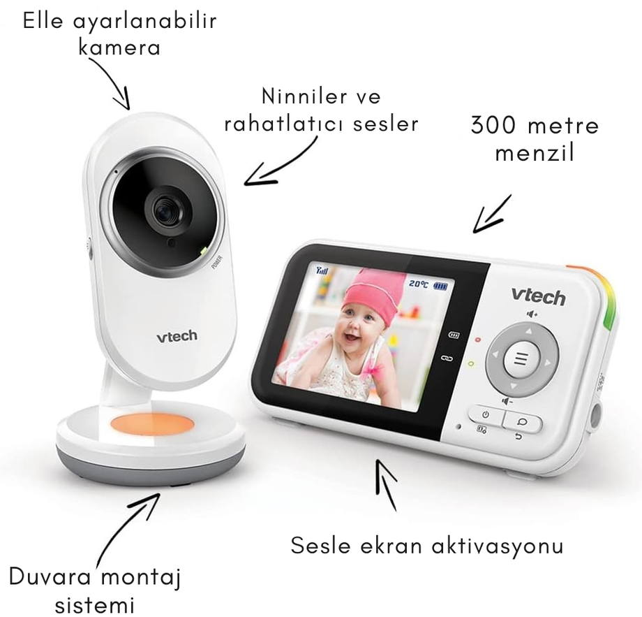 Bebek Monitörü, 2.8" Ekran, Gece Lambası, Ninni, VOX Modu