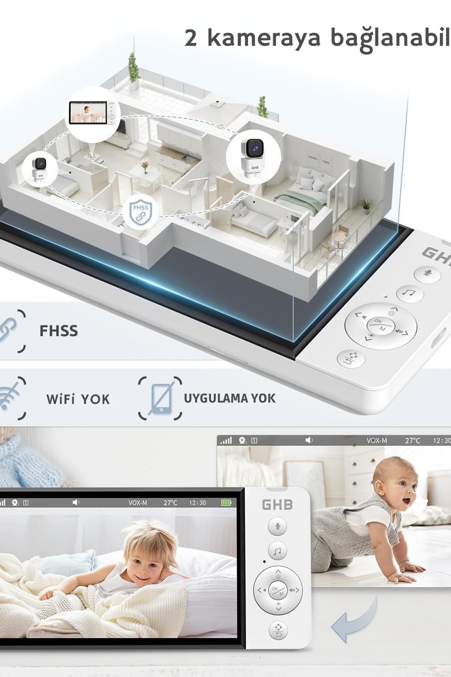 Bebek Monitörü Kamera, 5 İnç 720P HD, 350° Dönüş, 5000 mAh, Gece Görüşü, VOX Modu