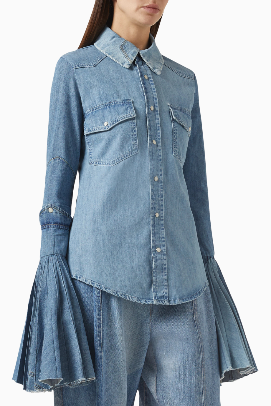 Recycled Denim Bell-Sleeve Lüks Kadın Gömlek