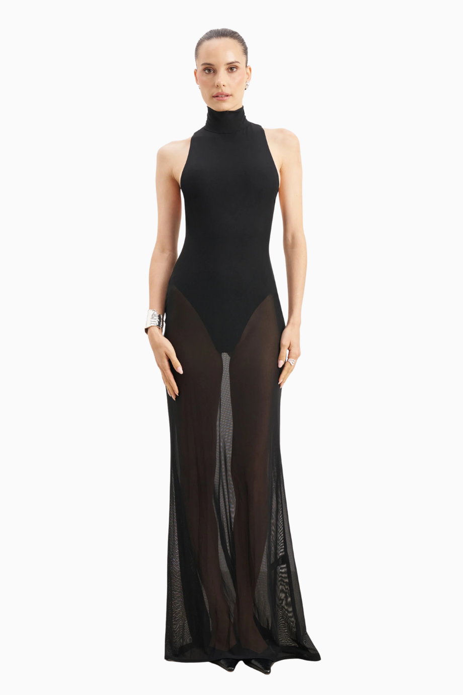 Sheer High Neck Racerback Gown Maxi Kadın Elbise