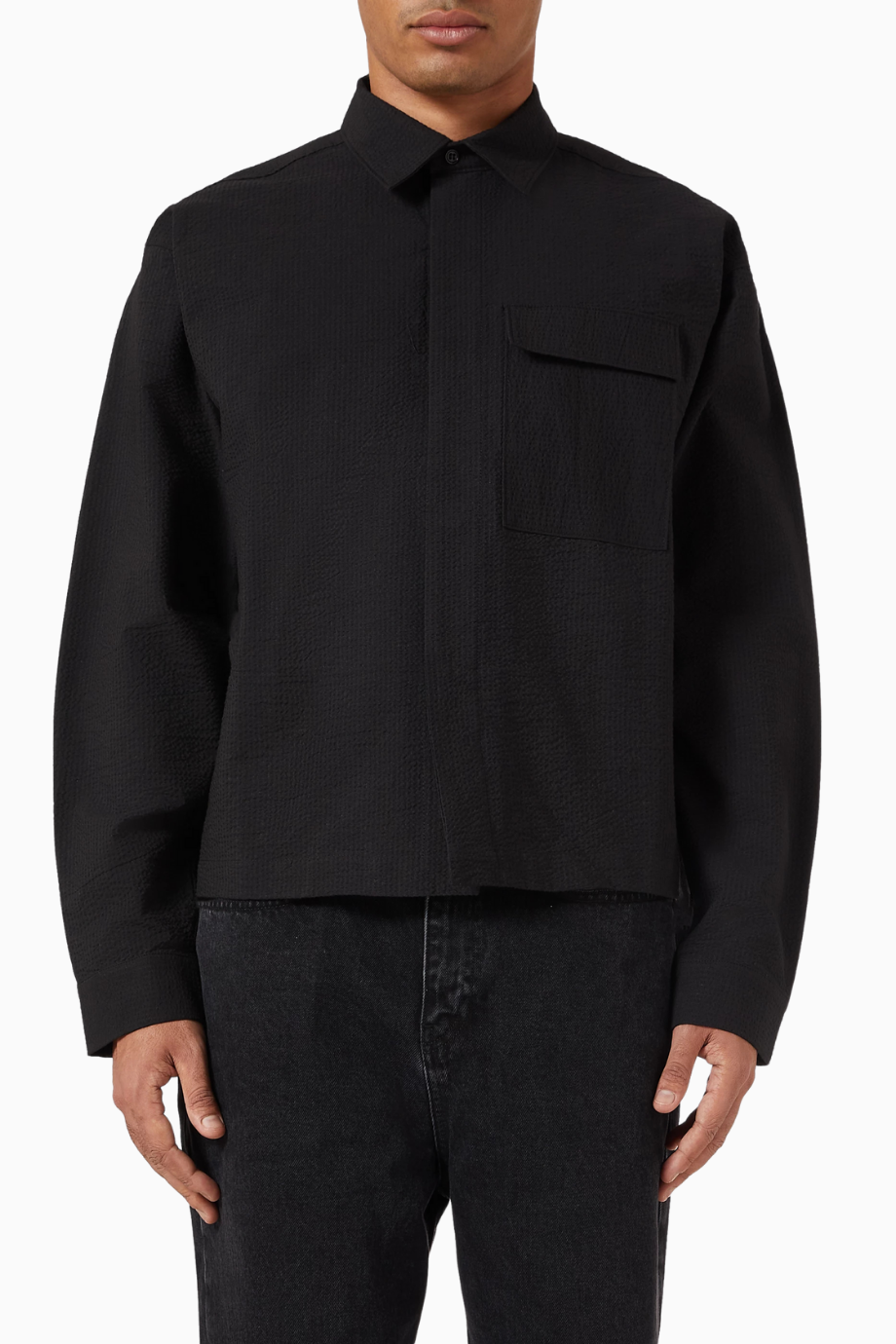 Seersucker Linen Blend Overshirt Siyah Erkek Ceket