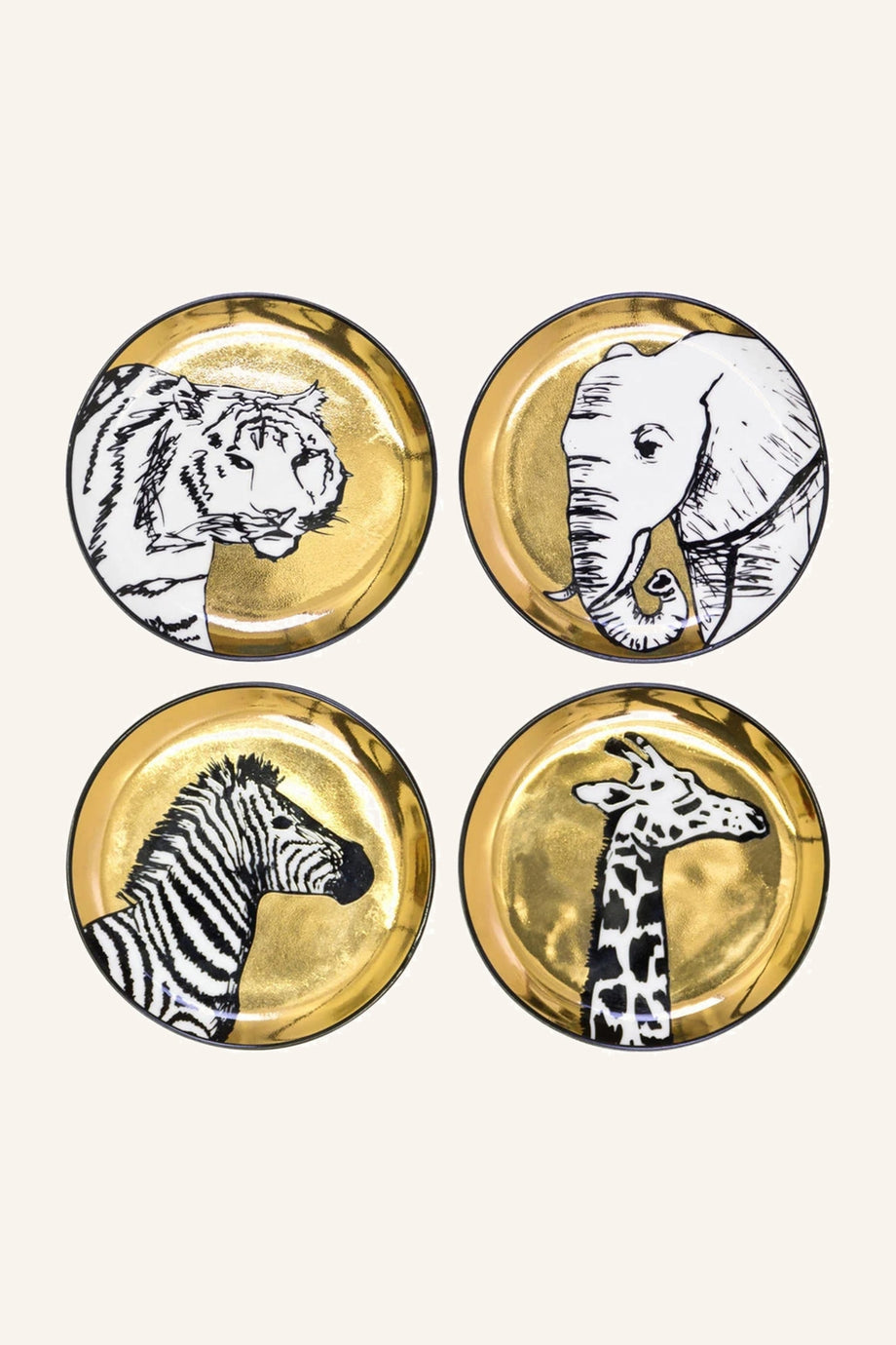 Animalia 4’lü Bardak Altlığı Seti 10 cm, Porselen Altın Detaylı