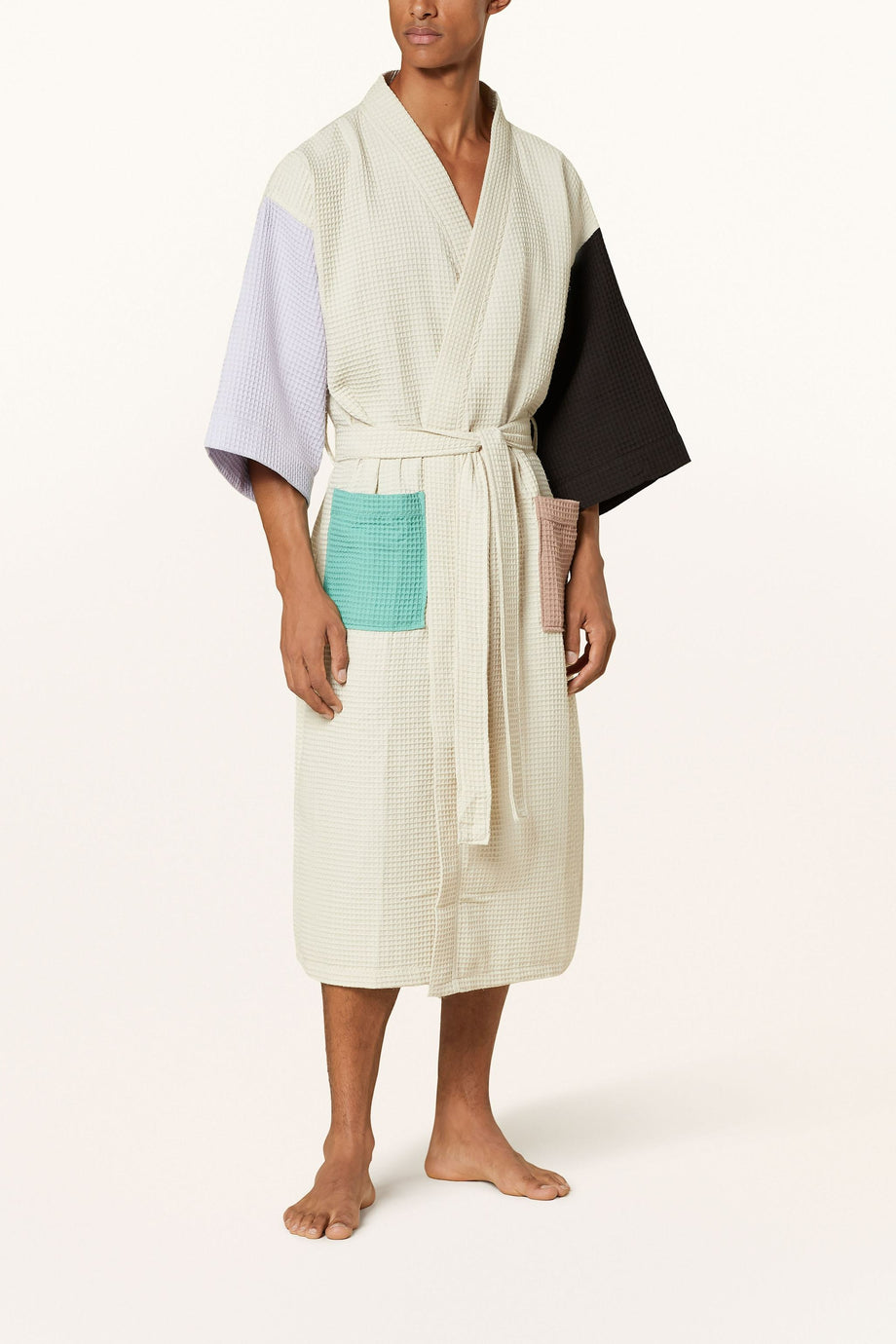 Unisex Kimono, Renk Bloklu, Şal Yakalı, %60 Pamuk, 125 cm Uzunluk