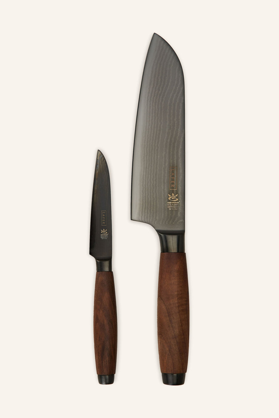 Santoku ve Sebze Bıçağı Seti, Şam Çeliği, DLC Kaplama, Ceviz Sap