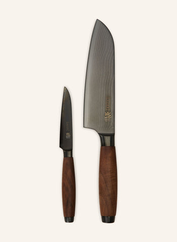 Santoku ve Sebze Bıçağı Seti, Şam Çeliği, DLC Kaplama, Ceviz Sap