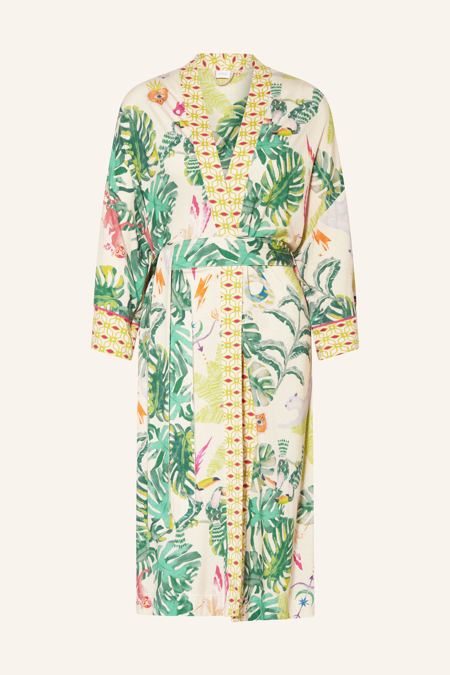 Mystic Jungle Kadın Kimono, Modal Karışımlı Jersey, Desenli, Kontrast Borulu, Şal Yaka