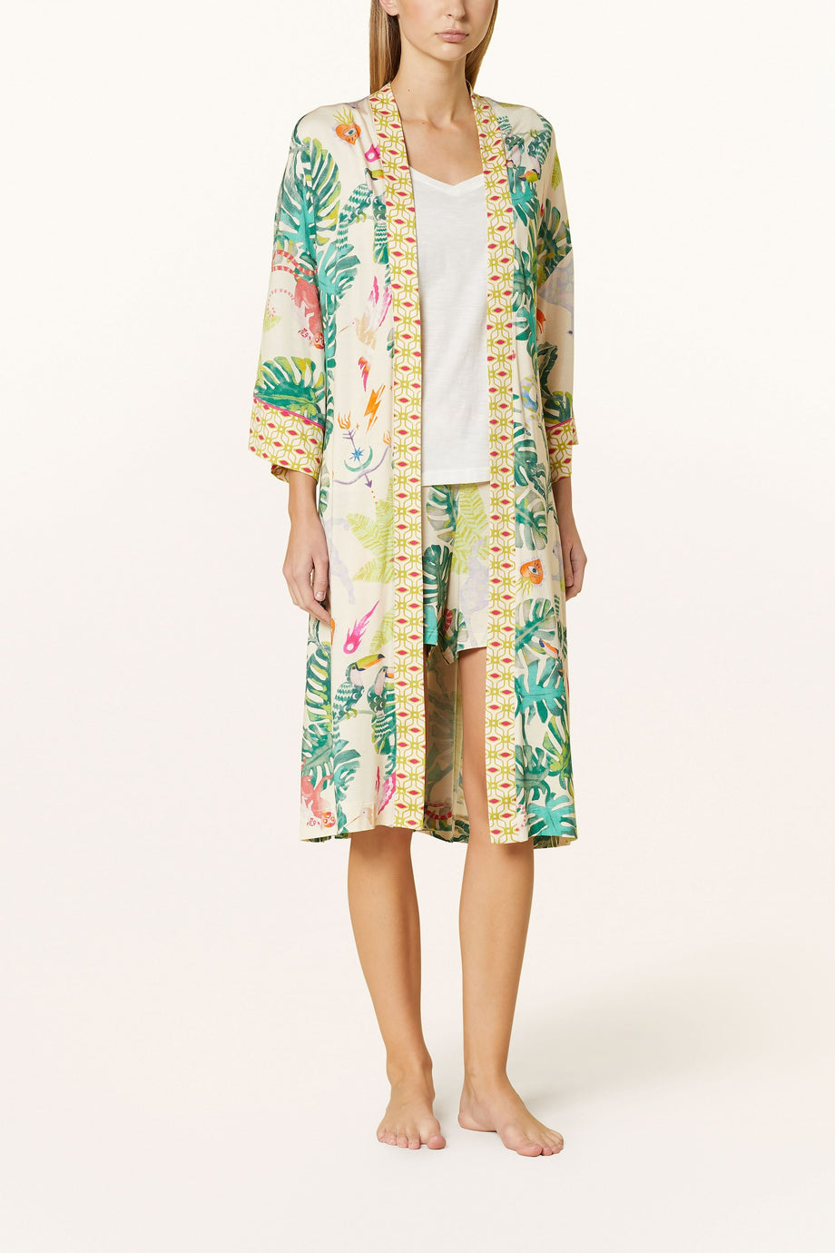 Mystic Jungle Kadın Kimono, Modal Karışımlı Jersey, Desenli, Kontrast Borulu, Şal Yaka