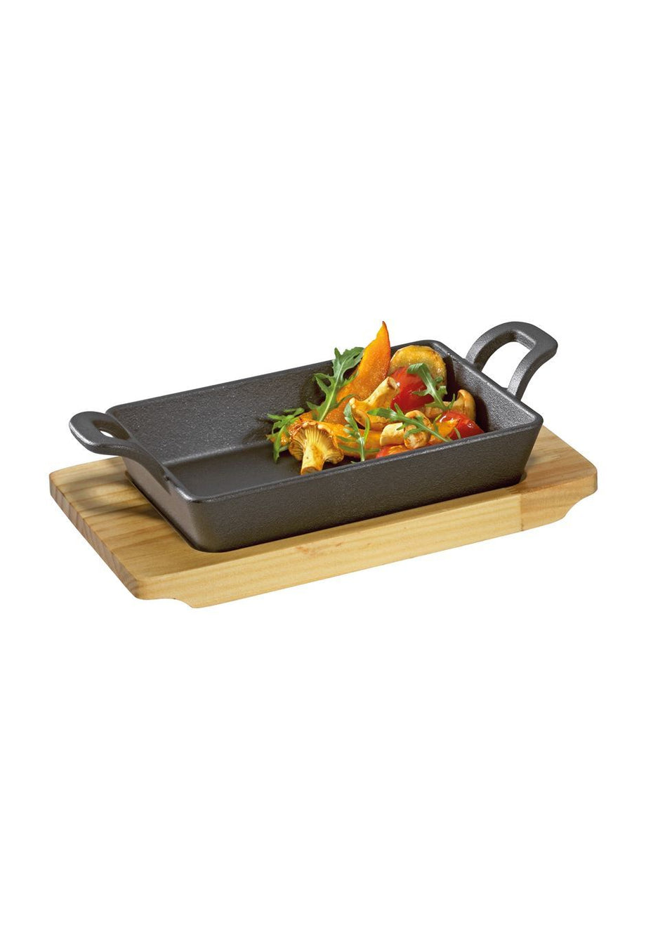 Döküm Servis Tavası, Ahşap Tepsili, Grill ve Fırın Uyumlu, 20,5x12,5x6 cm