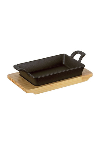 Döküm Servis Tavası, Ahşap Tepsili, Grill ve Fırın Uyumlu, 20,5x12,5x6 cm