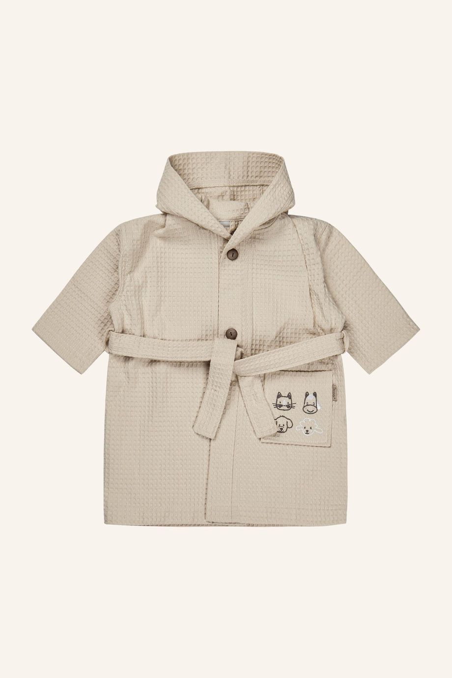 Bauernhof Çocuk Bornoz %100 Pamuk, Waffelpikee, Kapüşonlu, Ahşap Düğmeli