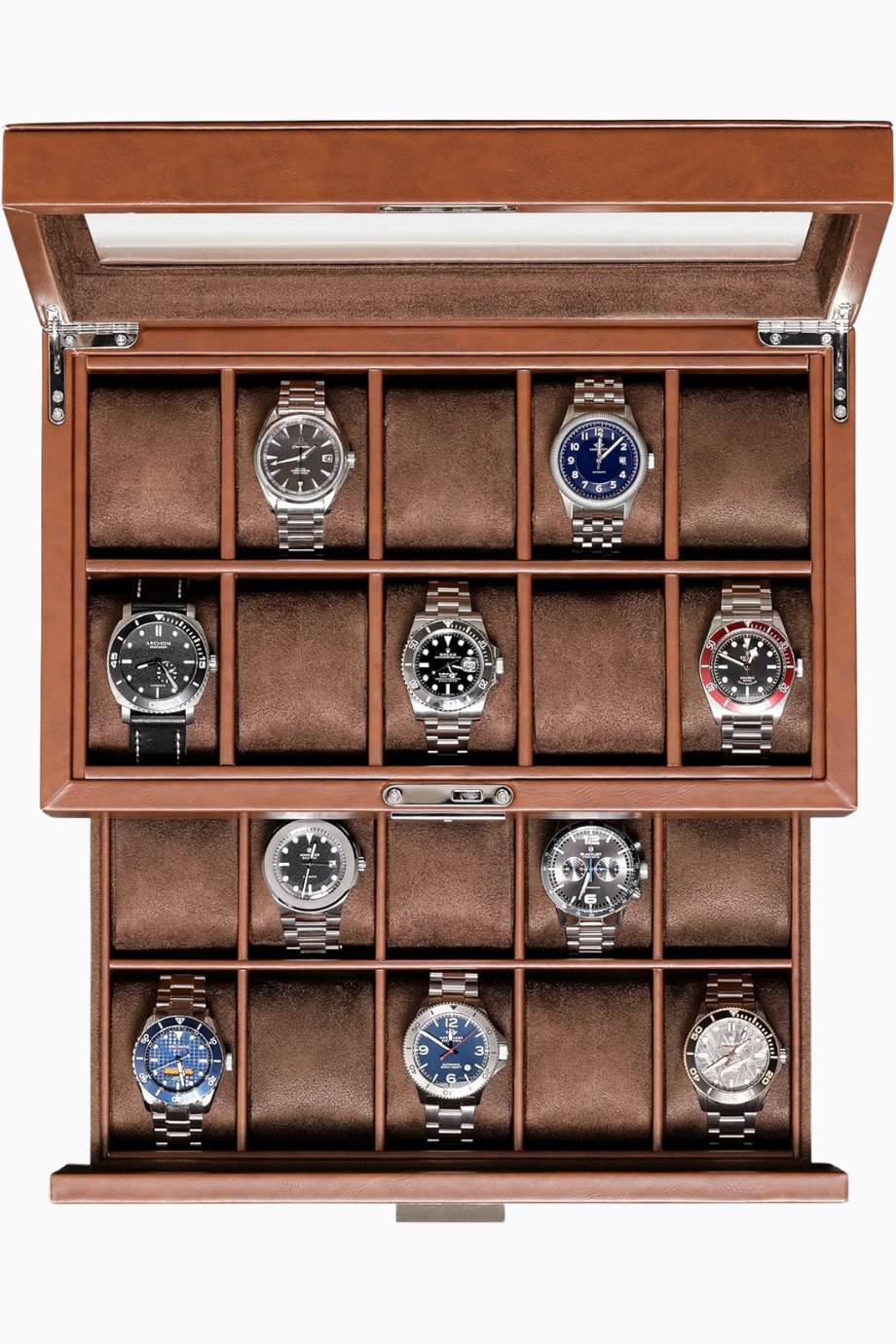 20 Gözlü Deri Saat Kutusu, Cam Kapaklı, Kilitli, Lüks Saat ve Takı Düzenleyici