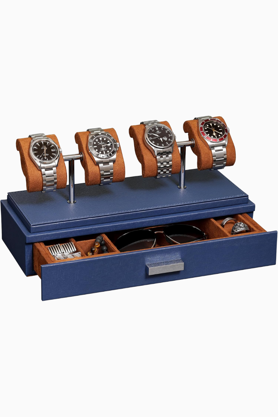 4 Saatlik Lüks Vitrin, Deri Kutulu, Akrilik Kapaklı, Çekmeceli Saat Standı