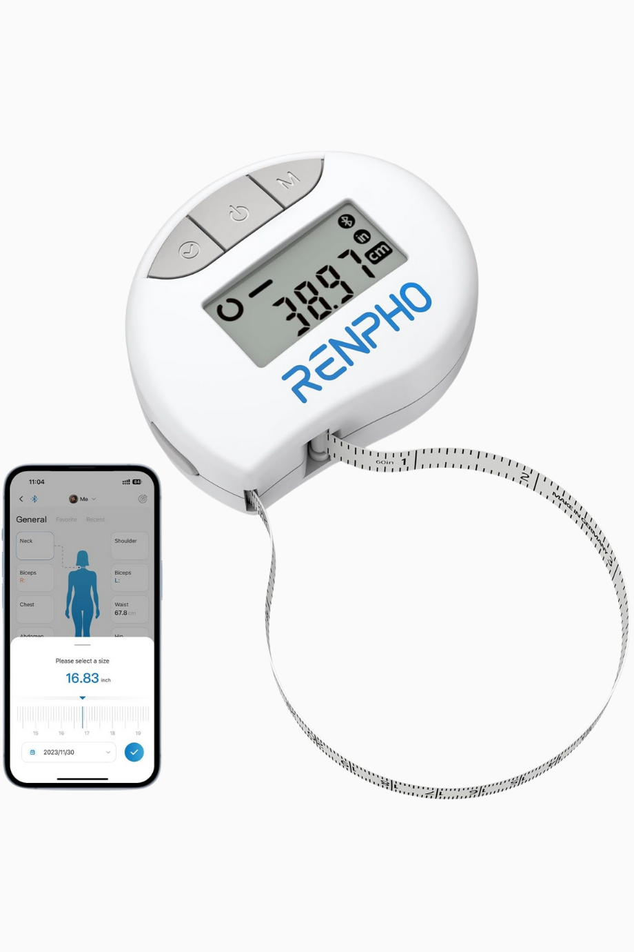 RENPHO Bluetooth Akıllı Vücut Ölçüm Bandı, 150 cm Kilitleme Pimli Fitness Mezurası