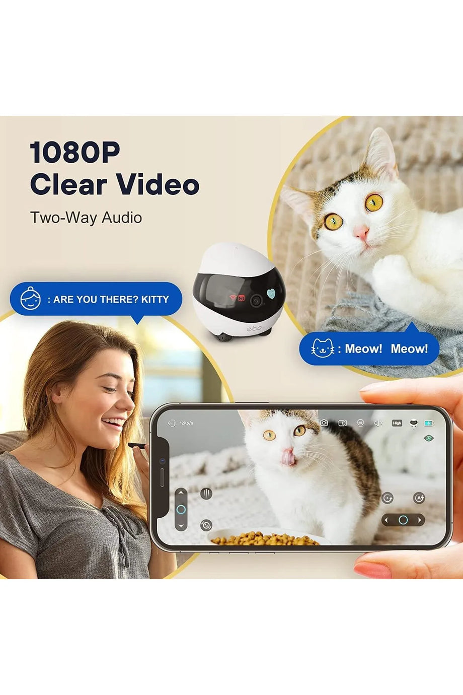 Ev Hayvanı Kamerası, EBO Uygulamalı, 1080p WLAN Mobil Güvenlik Kamerası, İç Mekan, Gece Görüşlü