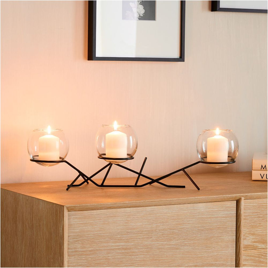 3 Parçalı Cam Küre Mumluk, Paslanmaz Çelik Çerçeve