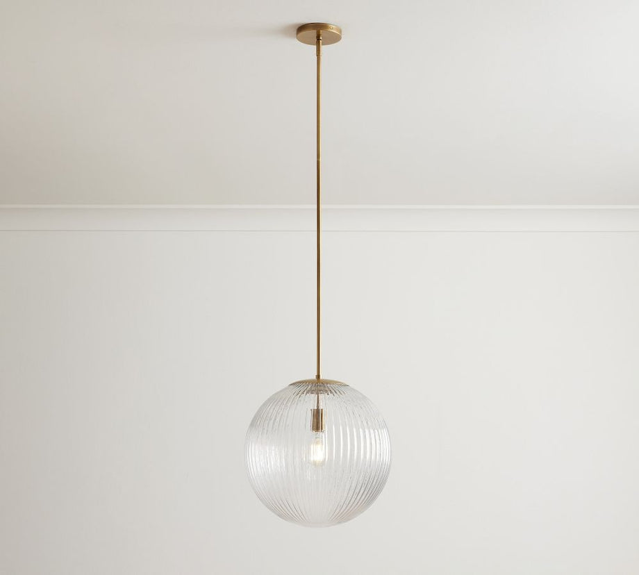 Cooper Kaburgalı Cam Küre Kolye, Vintage Pirinç veya Bronz Kaplama, Şeffaf Cam Abajur