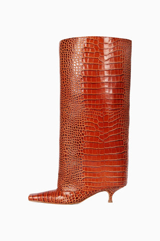 Kadın Timsah Desenli İnce Topuklu Diz Üstü Deri Çizme