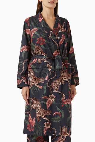 Soleia Kadın Lüks Organik Pamuklu Leopar Desenli Sabahlık Şal Yaka ve Kuşaklı
