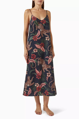 Soleia Kadın Lüks Pamuklu Leopar Desenli Slip Gecelik Ayarlanabilir Askılı