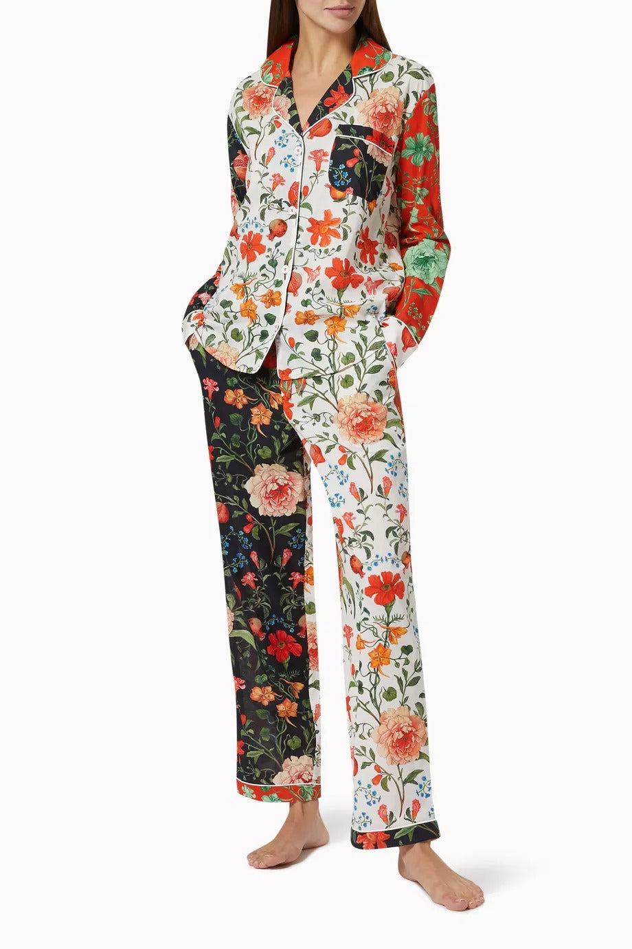 Persephone Kadın Lüks Pamuklu Pijama Takımı Nar ve Çiçek Desenli İki Parça