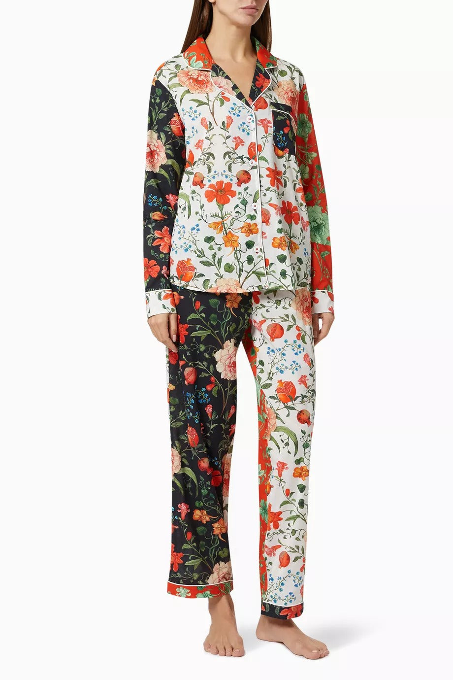 Persephone Kadın Lüks Pamuklu Pijama Takımı Nar ve Çiçek Desenli İki Parça