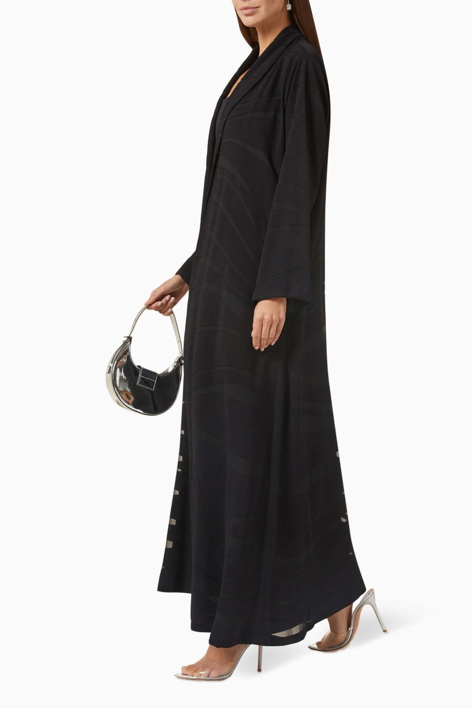 Şık ve Rahat Self-Stripe Tasarımlı Abaya Uzun Kol Açık Ön Modest Siluet