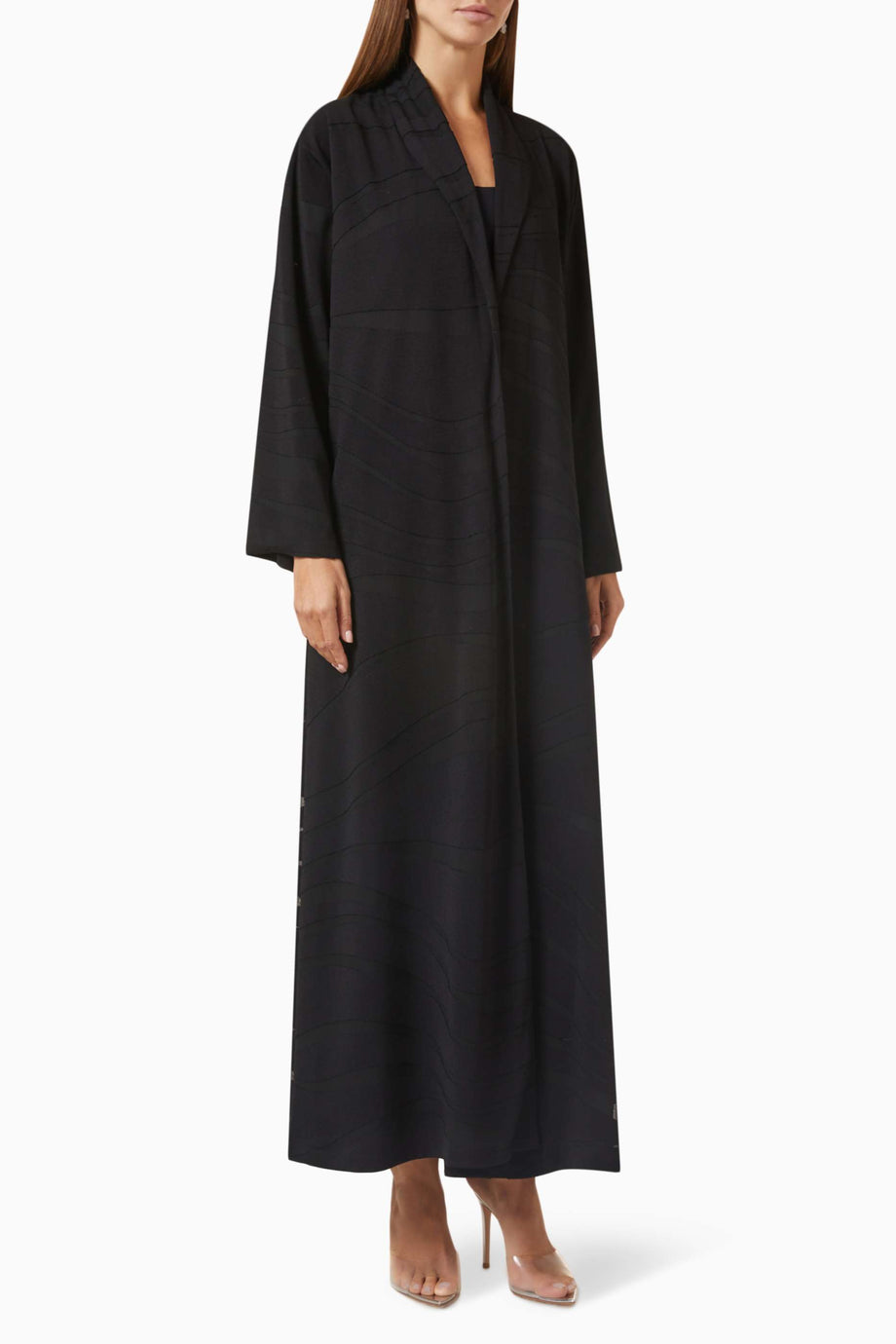 Şık ve Rahat Self-Stripe Tasarımlı Abaya Uzun Kol Açık Ön Modest Siluet