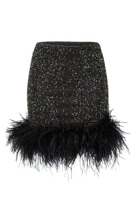 Rhinestone Taşlı Tüy Detaylı Mini Etek