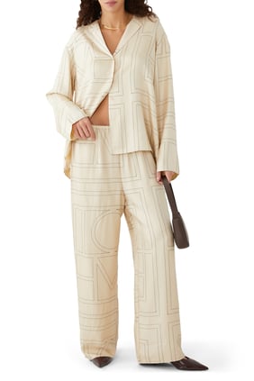 Monogram İpek Pantolon - BEYAZ