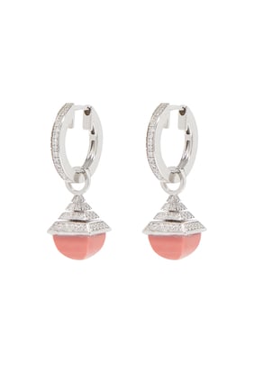 Cleo Mini Rev Damla Küpe, 18K Beyaz Altın, Pembe Mercan & Elmas
