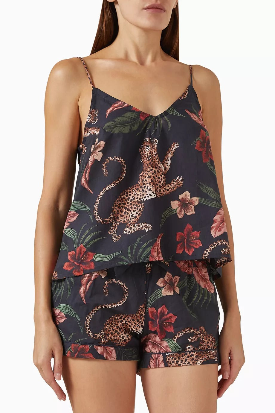 Soleia Kadın Lüks Pamuklu Cami & Şort Takımı Leopar Çiçek Desenli Set