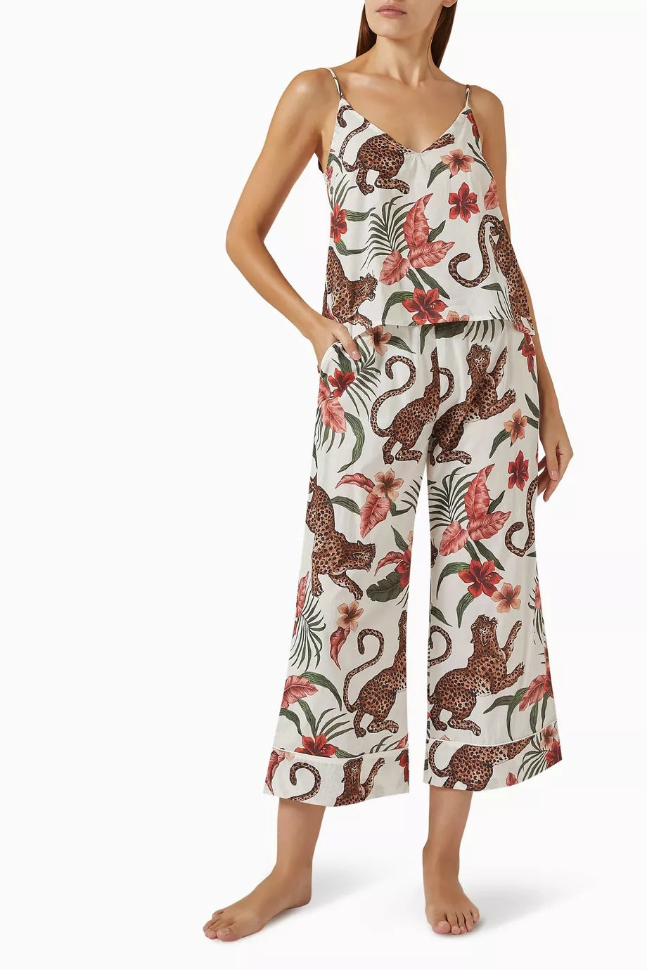 Soleia Kadın Lüks Pamuklu Pijama Takımı Geniş Paça Takımı Leopar Çiçek Desenli Set