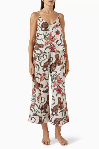 Soleia Kadın Lüks Pamuklu Pijama Takımı Geniş Paça Takımı Leopar Çiçek Desenli Set