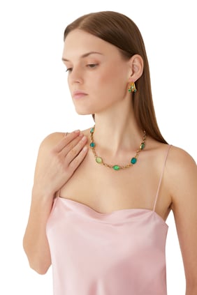 Mini Cabochon Küpe, 24 Ayar Altın Kaplama Pirinç ve Doğal Kristal