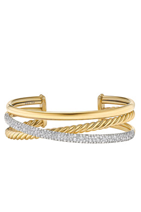 Pavé Üç Sıralı Kruz Cuff Bilezik, 18k Sarı Altın ve Elmas